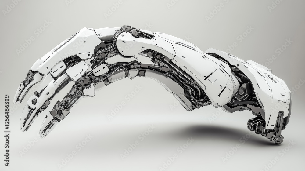 Poster mechanical arm hologram created with polygons and lines. a low-poly design symbolizing automation an