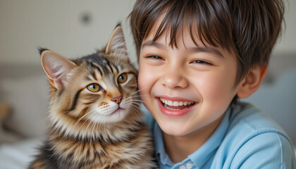 Pure Joy & Pet Love: Adorable Young Boy Smiles Brightly with His Beloved Tabby Kitten Friend