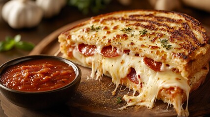 Mouthwatering grilled cheese sandwich with pepperoni and marinara sauce served in a cozy setting