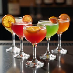 Five colorful cocktails served with citrus slices orange  grapefruit