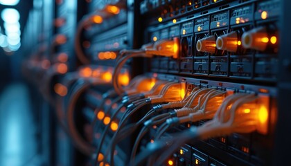 Illuminated servers with data connectors showcase activity, data transfer, advanced tech, operational complexity. Digital electronic infrastructure, structured hardware integration, modern efficient