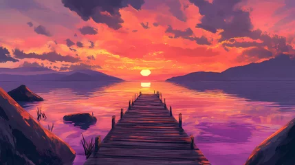 Fototapete A timeworn wooden dock stretches into a tranquil lake beneath a striking sunset, featuring vibrant orange and pink skies. Time-Torn Landscapes. Illustration © Thiago