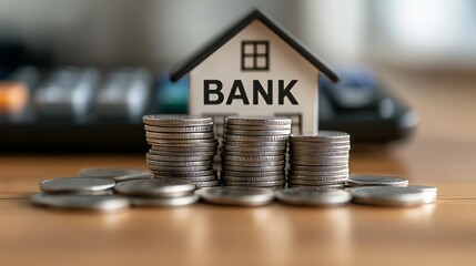 Close-up of silver coins stacked beside a toy house model representing savings or investment plans