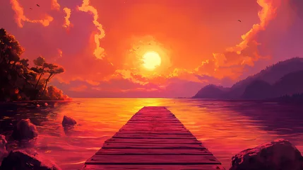 Fototapete A timeworn wooden dock stretches into a tranquil lake beneath a striking sunset, featuring vibrant orange and pink skies. Time-Torn Landscapes. Illustration © Thiago