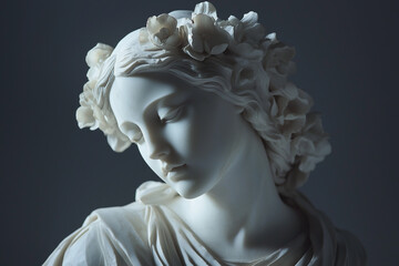 Beautiful queen of the underworld Persephone (Kore) - the goddess of fertility, wife of Hades. Ancient Greek and Roman mythology. Marble statue on gray background.