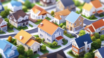 Realistic depiction of a suburban neighborhood with colorful houses and greenery