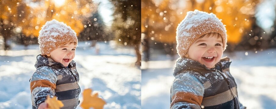 Happy caucasian child playing in autumn snowy park