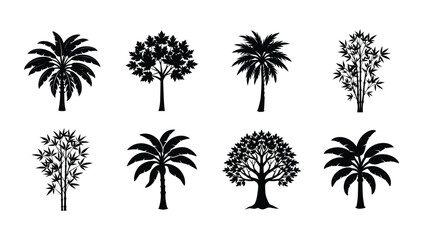 Trees set silhouette on white background
