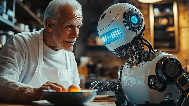 A chef and a robot collaborate in a modern kitchen to improve cooking
