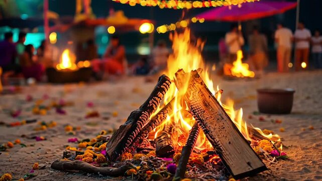 Holika Dahan Holi festival fire is burning at night with a lot of warm light