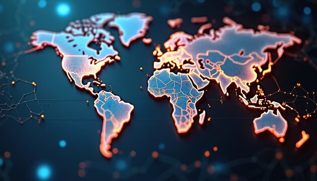 World map with glowing continent borders for international business. Compliance, law, regulation shown in graphic interface. Quality policy meets global standard. Company management strategy for