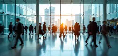 Office lobby with large glass windows, numerous people walking through. Long exposure creates blur of business people walking at modern workplace. Dynamic scene with sunlight, architectural details