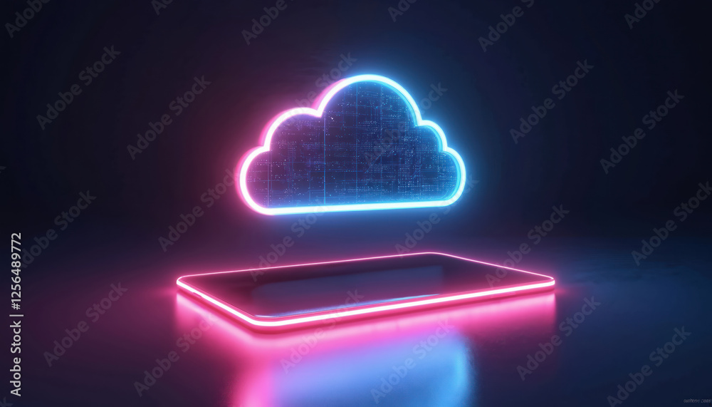 Aufkleber Glowing neon cloud symbol hovers over tablet on dark background. Digital device shines blue, pink light. Cloud computing tech, wireless connection, data storage, modern cyberspace concept.