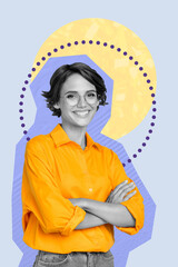 Vertical art creative trend collage of happy girl crossed hands successful businesswoman portrait wear glasses cheerful mood