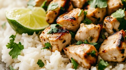 Close-up of rice with fresh lime and cilantro chicken. Featuring chicken marinated in lime and cilantro, served over rice. Emphasizing a fresh, zesty dish. Ideal for lime chicken recipes.