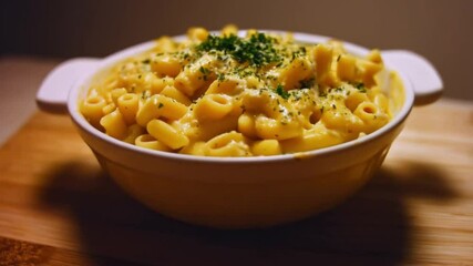 ,A bowl of rich and creamy macaroni and cheese, topped with freshly chopped herbs, served in a warm and inviting setting, capturing the ultimate comfort food experience,