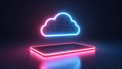 Glowing neon cloud symbol hovers over tablet on dark background. Digital device shines blue, pink light. Cloud computing tech, wireless connection, data storage, modern cyberspace concept.