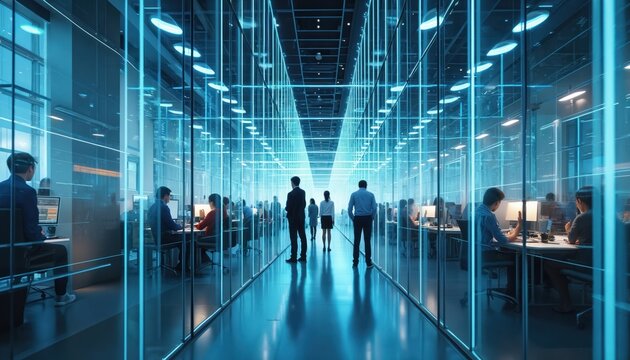 High-rise transparent office shows people, AI work in departments. AI assist with data analysis, client service, creative projects. Light furnished corporate building shows collaborative innovative