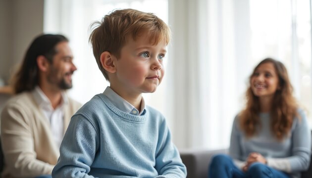 Young boy smiles, with parents blurred in background. Wearing blue sweater. Modern family. Happy childhood. Parentage after divorce. Co-parenting theme. Promoting family communication, emotional
