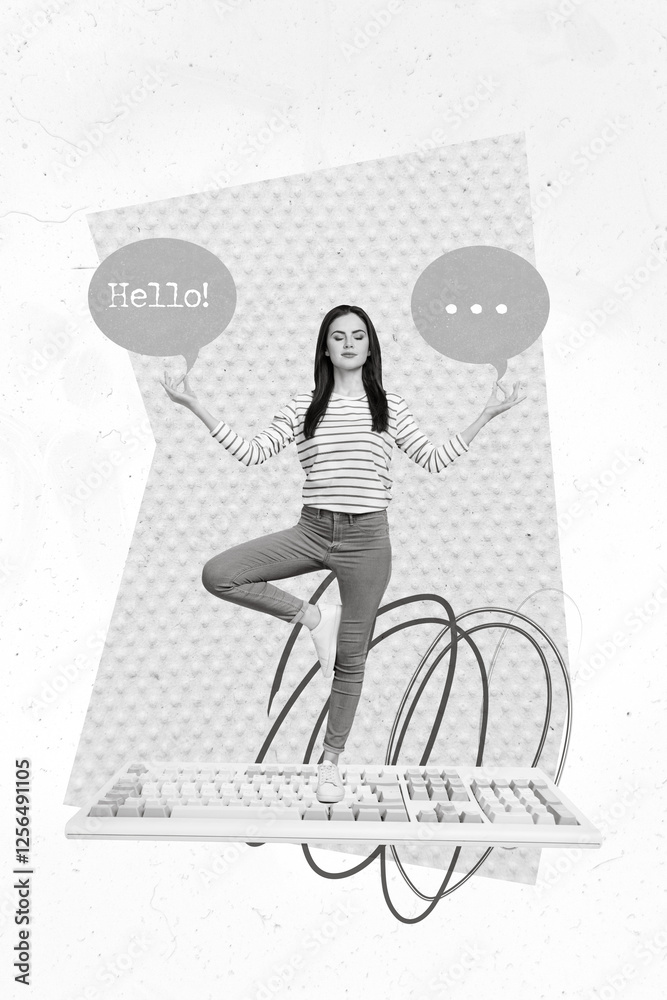 Poster vertical collage picture of mini girl stand keyboard meditate dialogue bubble hello isolated on crea