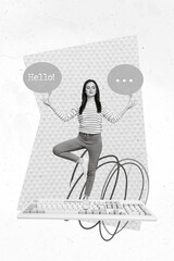 Vertical collage picture of mini girl stand keyboard meditate dialogue bubble hello isolated on...