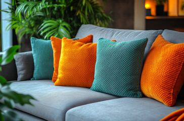 A couch with a green and orange pillow on it. The couch is in a living room with a plant in the background