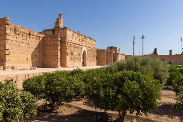 El Badi Palace, Marrakech, Morocco, North Africa, Africa. Remains of a 16th century palace whose garden walls and orange grove are still preserved.