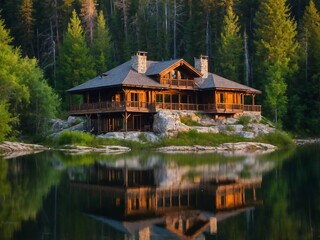 Obraz premium Serene Cabin by the Lake Surrounded by Nature and Mountains at Sunset