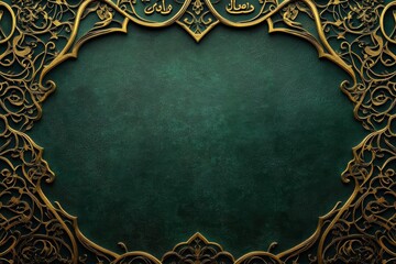 Elegant and Ornate Green Background Frame with Intricate Golden Design for Eid Mubarak, Ramadan Kareem, or Muharram Celebrations with Copy Space for Custom Greetings or Messages