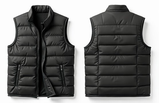 Sleeveless black down jacket on white background. Front, back views of modern puffer vest. Unisex casual streetwear with pockets. Outdoor clothing brand apparel concept. Insulated puffy waist coat