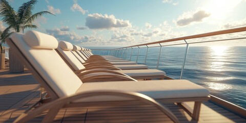 A luxurious balcony setting with wooden deck and white lounge chairs, overlooking the ocean at sunset.