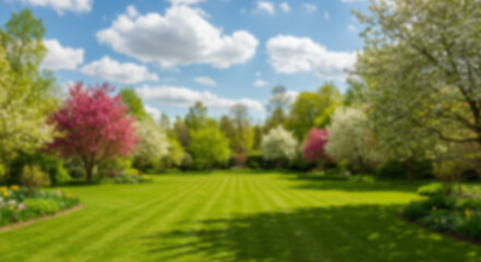 Beautiful blurred background image of spring nature with a neatly trimmed lawn surrounded by trees against a blue sky with clouds on a bright sunny day.
