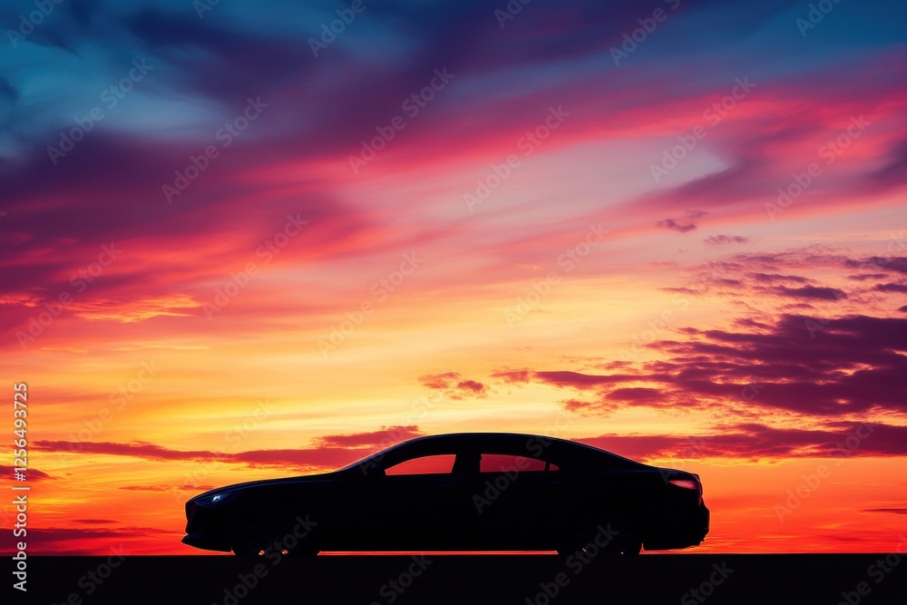 Aufkleber silhouette of a sleek car against a vibrant sunset sky with space for text. generative ai