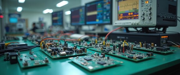 Fototapeta premium Electrical circuit test set at high-tech lab, sharp focus on electronic components. Circuit boards with transistors, capacitors, resistors. Monitors display waveforms, measurements. Industrial