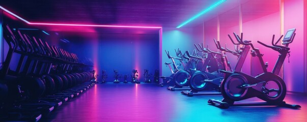 Vibrant neon lit indoor cycling studio with exercise bikes in rows