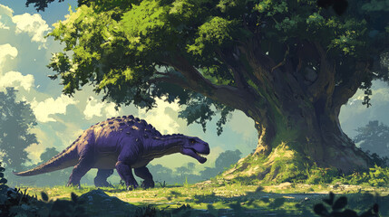 Struthiosaurus prehistoric dinosaur cartoon character walking beneath a large, lush tree. Isolated vector ancient herbivorous reptile, spiked purple animal in natural landscape of Late Cretaceous era