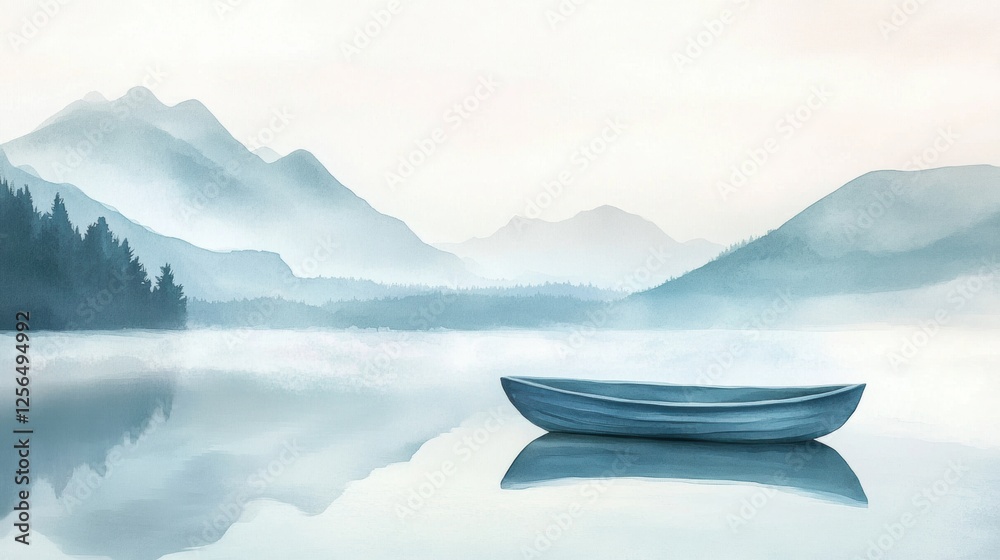 Aufkleber Calm mountain lake with a single rowboat floating under a blank sky ready for a serene moment. Generative AI