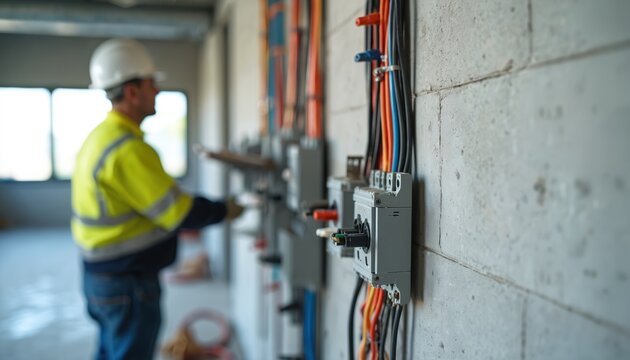 Electrician installs electrical wiring in commercial building. Man in hard hat, safety vest work at construction site. Electrical boxes with colorful cables mounted on wall, energy infrastructure
