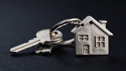 Close-up image of house-shaped key on keychain as representation for home safety and fresh starts