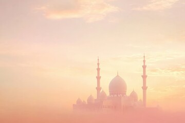 Fototapeta premium Elegant Mosque Silhouette at Sunrise Surrounded by Haze with Soft Pastel Colors, Perfect Background for Eid Mubarak, Ramadan Kareem, and Muharram Celebrations with Copy Space