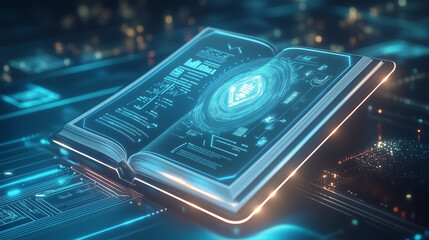 High-tech glowing book with futuristic interface, symbolizing digital knowledge, cybersecurity, and advanced learning