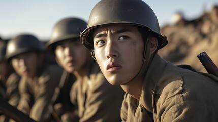 Fototapeta premium Young Japanese-American soldiers show courage during World War II in challenging conditions