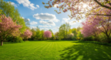 Fototapeta premium Beautiful blurred background image of spring nature with a neatly trimmed lawn surrounded by trees against a blue sky with clouds on a bright sunny day. 