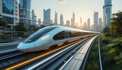 Fototapeta premium High-speed train journey through futuristic cityscape urban environment technology concept modern design