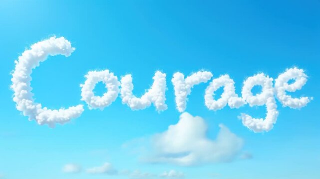 Cloud-shaped word "courage" floating in a bright blue sky, softly blending with the atmosphere&mdash;concept of motivation, strength, and inspiration in branding for coaching and wellness businesses

