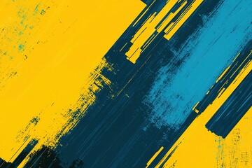 A vibrant abstract painting with bold yellow and teal brush strokes creating a dynamic and energetic visual effect.