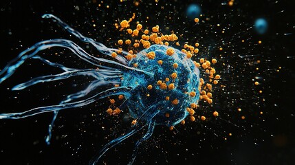 Obraz premium A zoomed-in image of a blue-yellow item with orange spots on its surface against a dark backdrop