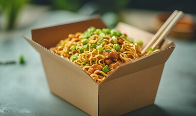 Cardboard box filled with delicious noodles and chopsticks awaits eager client