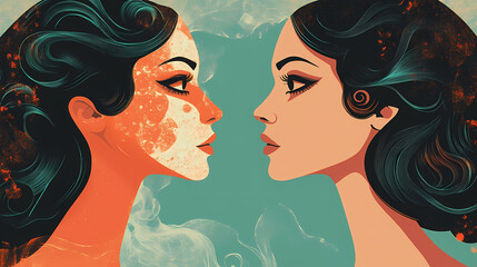 Side profile of woman facing her reflection, contrasting personalities in mirror. Whispering Mirrors. Illustration