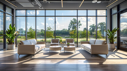 Fototapeta premium A serene office lounge with large windows, natural light, and cozy seating, providing a calming retreat for employees to recharge.